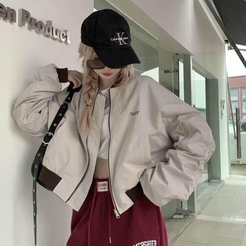 

American Style Vintage Women Bomber Jacket Y2k Short Jacket Spring Two-sided Design Casual Loose Sports Baseball Tops Bomber Top