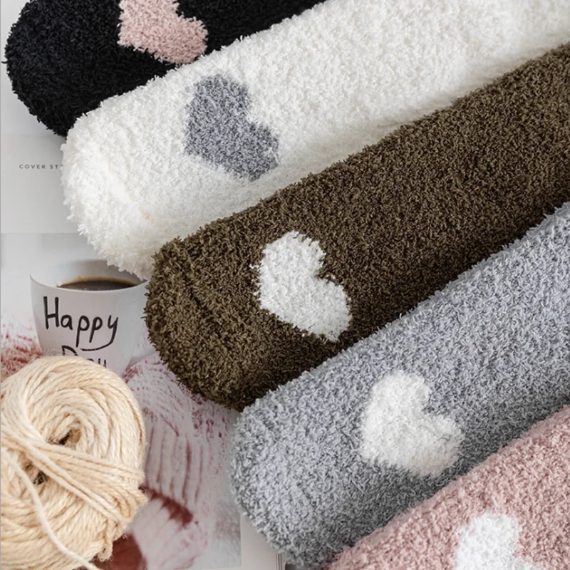 

5Pairs Winter Cute Plush Coral Fleece Socks Female Tube Socks Cat Ears Thick Warm Sleeping Floor Socks