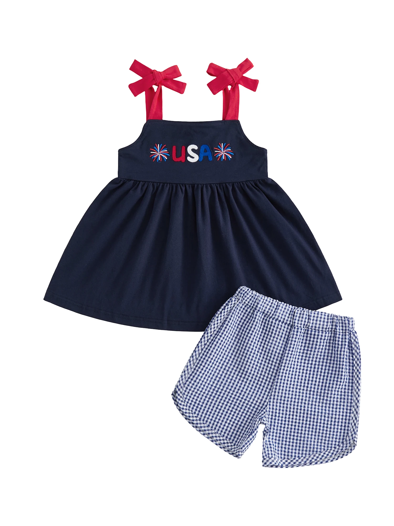 

Adorable Toddler Independence Day Dress American Flag Print Sleeveless Top and Denim Shorts 2 Piece Outfit Set for Summer Fun