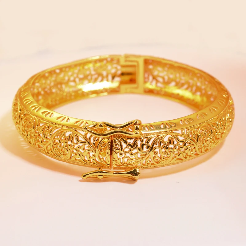Dubai Gold Color Bangles For Women African Bride Wedding Banquet Party Bracelet Jewelry Gifts Arabic Charm Flower Shape Bangles