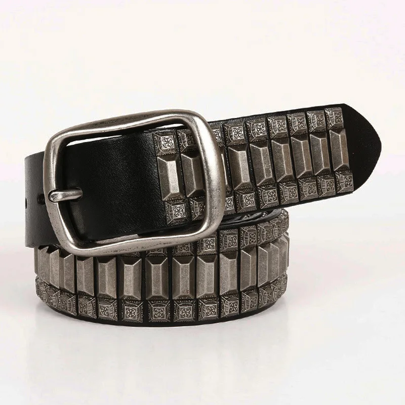 Niche Unisex Full Grain Vegetable Leather Belt Pyramid Metal Stud Decor Punk Personality Waist Belt