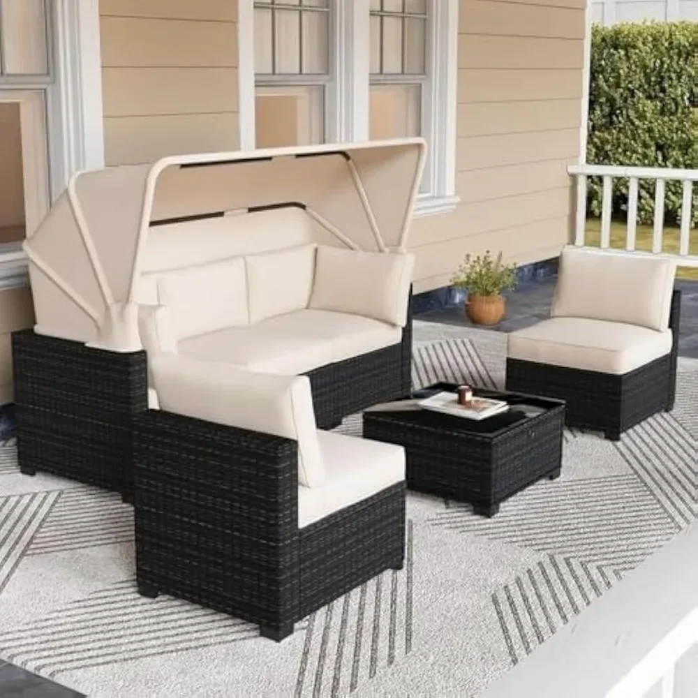 6pcs Outdoor Rattan Wicker Furniture, Patio Furniture Set with Waterproof Cushions, Reinforced Glass Table, Canopy