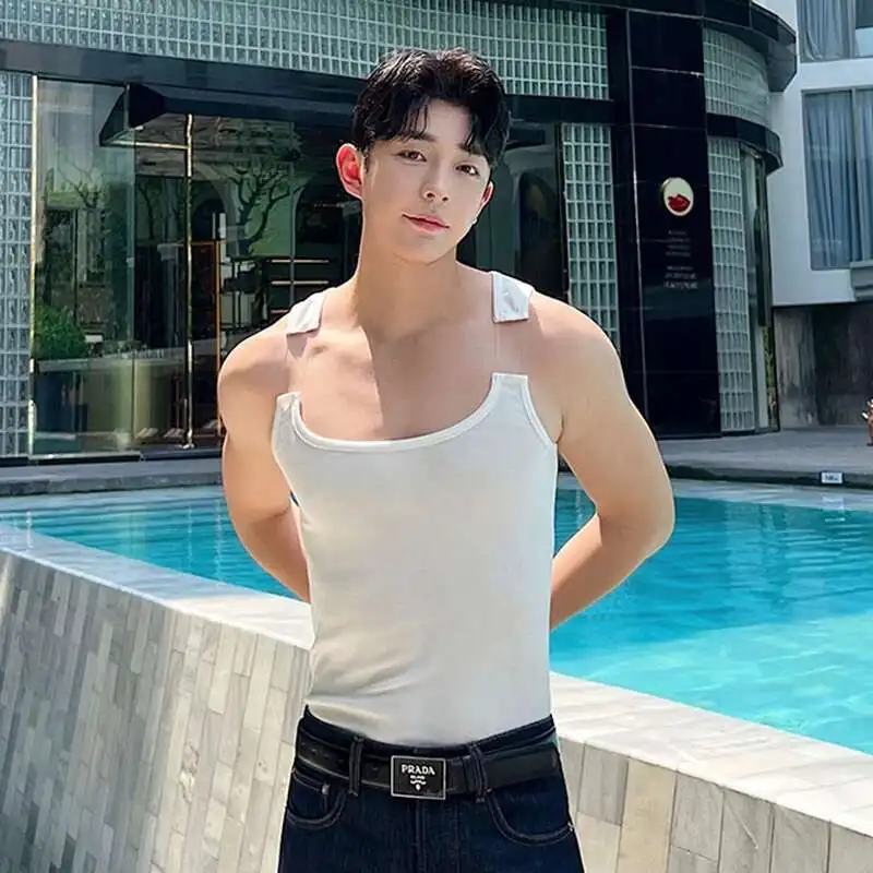 New Fashion Male Vest Patchwork Personality Sleeveless Top Men's Solid Color Slim T-shirt Spring Trendy