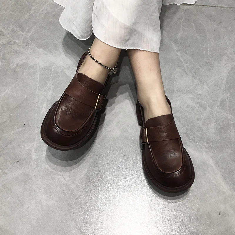 

Loafers Women Leather Pumps Shoes Women Black Low Heels Autumn Handmade Genuine Leather Women Flats Retro Slip On Lazy Shoe Lady