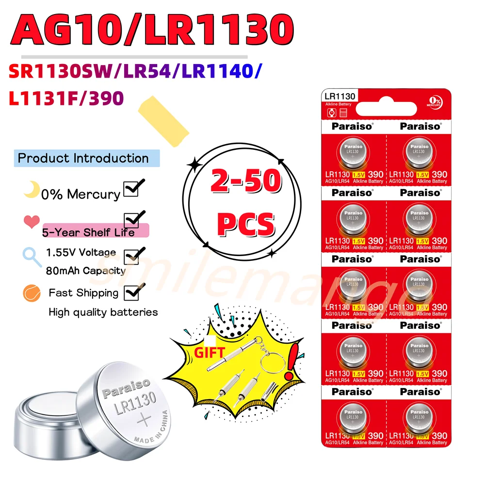 

New High-Capacity AG10 LR54 Cell Coin 1.55V SR54 389 189 LR1130 SR1130 SR1130SW Alkaline Button Batteries for Watch Toys Remote