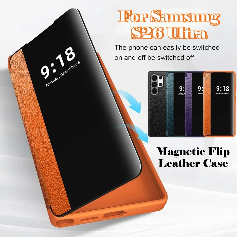 Smart Window Screen Protector Fold Leather Case for Samsung S26 Ultra S25 S24 Plus S23 S22 with Card Pin and Slot Position Cover
