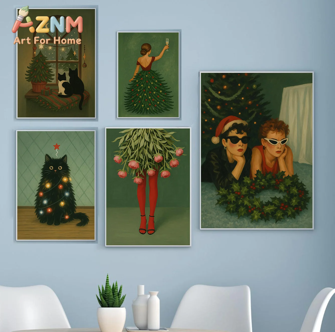 Minimalist Female Christmas Abstract Theme Green Background Poster Vintage Bold Feminine Canvas Paintings Wall Art Home Decor