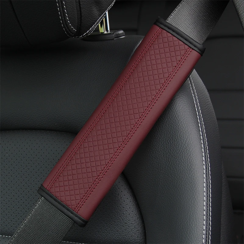 PU Leather Car Shoulder Guard Cover Set with Embossed Check Pattern Seat Belt Decoration Interior Vehicle Accessories