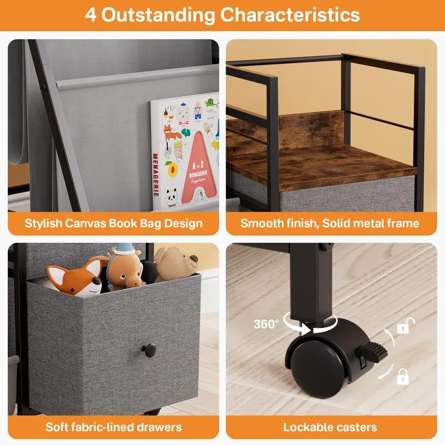 رف لغرف الأطفال، رف كتب للأطفال الصغار مع مساحة تخزين للأطفال لغرفة الأطفال وغرفة النوم وغرفة اللعب، سهلة التجميع باللون الأسود