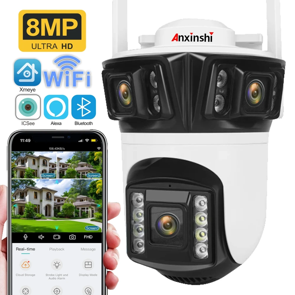 Anxinshi 3 Lens 8MP PTZ IP Camera Outdoor 3 Screen WiFi Security Cam ICSee Motion Detection Two Way Audio 4K CCTV DVR