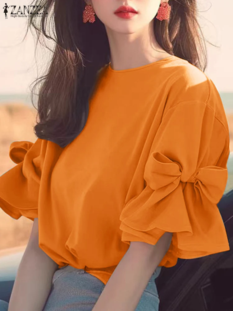 ZANZEA Women Korean Ruffles Chiffon Blouse Autumn Elegant Lantern Short Sleeve Tops Spring Shirt Vintage Bow Tie Patchwork Tunic