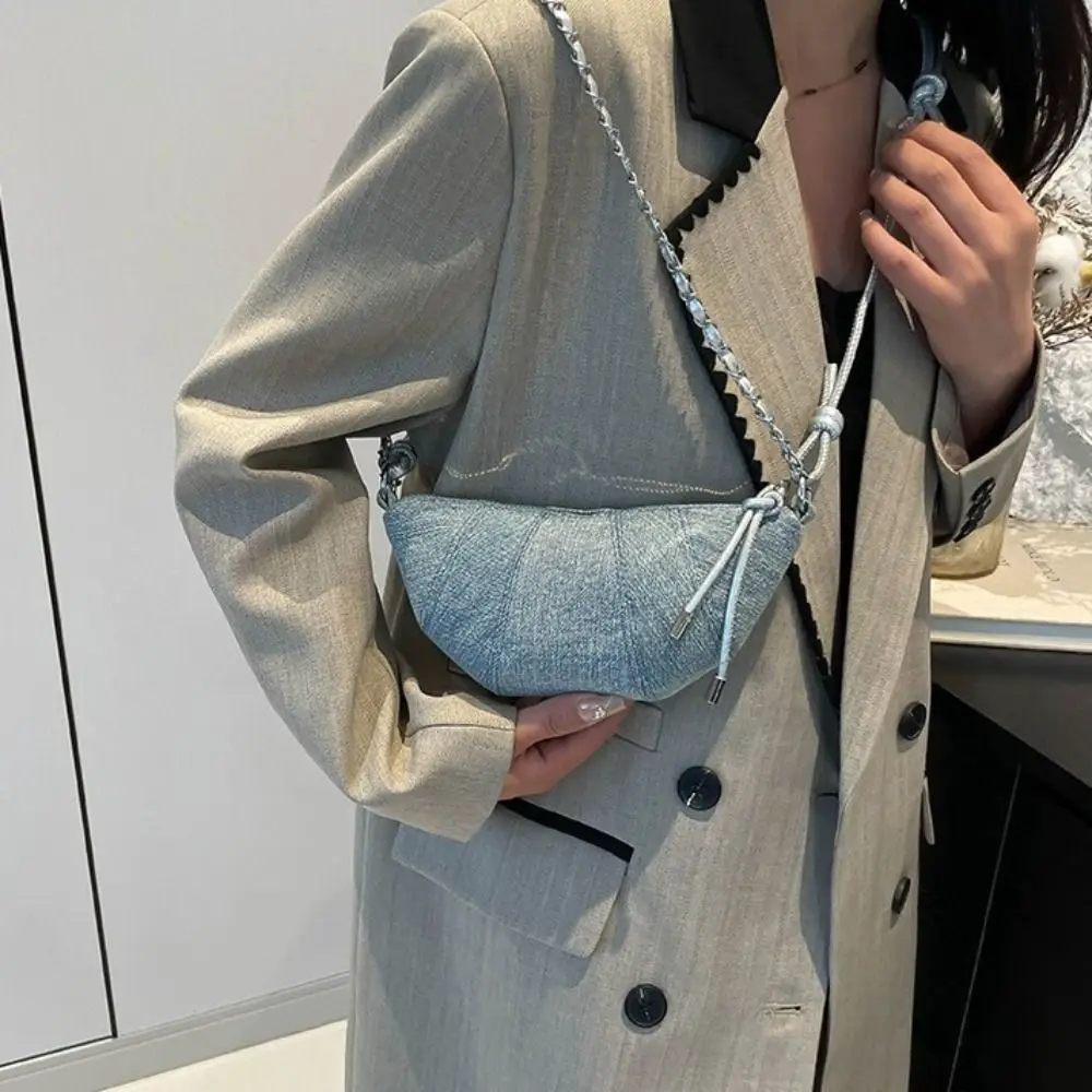 Sac à Croissant en chaîne élégant, sacoche de Style coréen avec fermeture éclair, sac à boulettes en Denim, demi-lune, sac à bandoulière en Nylon pour étudiant