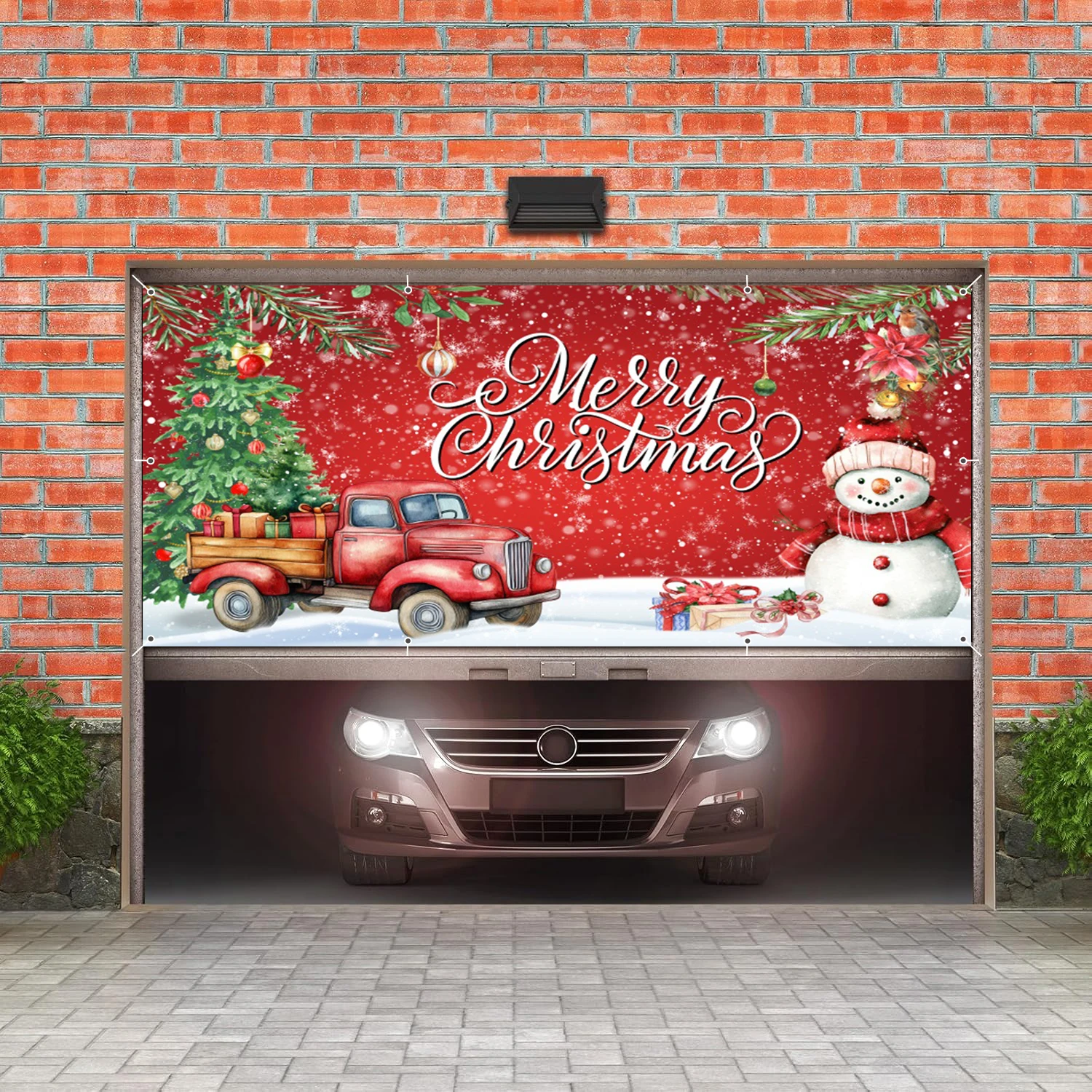 Merry Christmas Garage Door Banner Xmas Tree Gingle Bells Backdrop Christmas Decor Indoor Outdoor Party Large Hanging Background