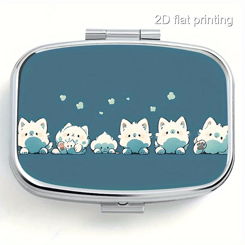 Simple Pen-Shaped Square Pill Box with Kitten Pattern Print, Double-Compartment Mini Portable Pill Box, Suitable for Travel and Outdoor Activities, Can Be Placed in a Pocket or Wallet, Can Also Be Used as a Bag Decoration, Jewelry and Earring Storage Box, Multifunctional Metal Box, Metal Matchbox
