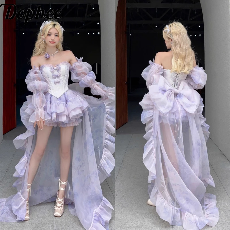 Dophee Fashion Lady Trailing Puffy Dress Elegant Off Shoulder Detachable Sleeve Birthday suit Tube Top Sling Purple Short Dress