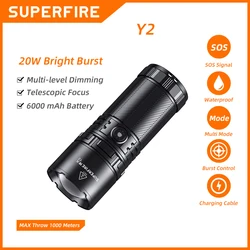 SUPERFIRE Y2 High Power Flashlight with Tail Light 1000m Zoomable Torch USB C Rechargeable 6000mAh Battery Lantern