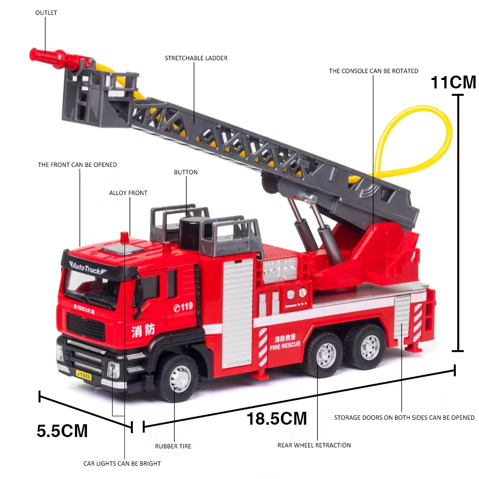 City Rescue Truck Ladder Fire Engine Simulation Diecast & Toy Vehicles Sounds & Light Pull Back Car 1:50 Alloy Collection Model