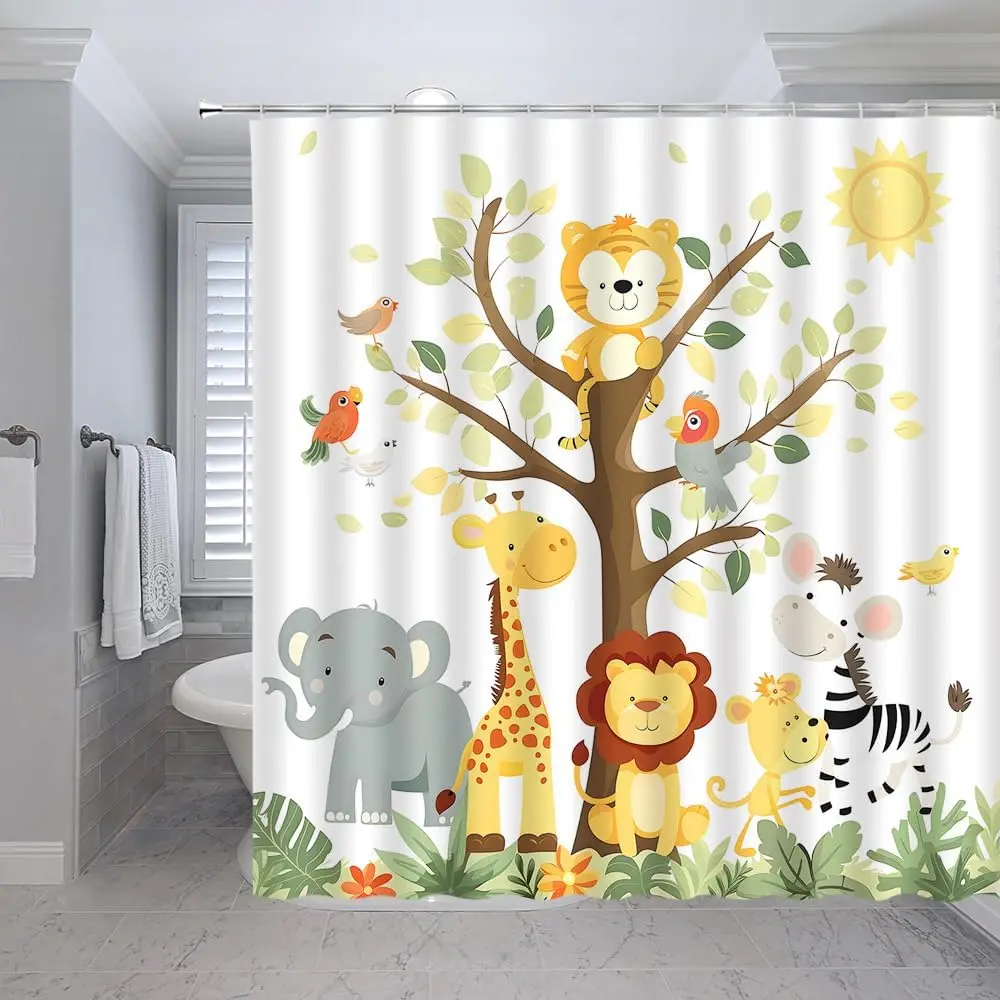 

Safari Animal Shower Curtain Cartoon Elephant Giraffe Zoo Animals Forest Monkey Zebra Boys Girls Jungle Bird Parrot Boys Girs