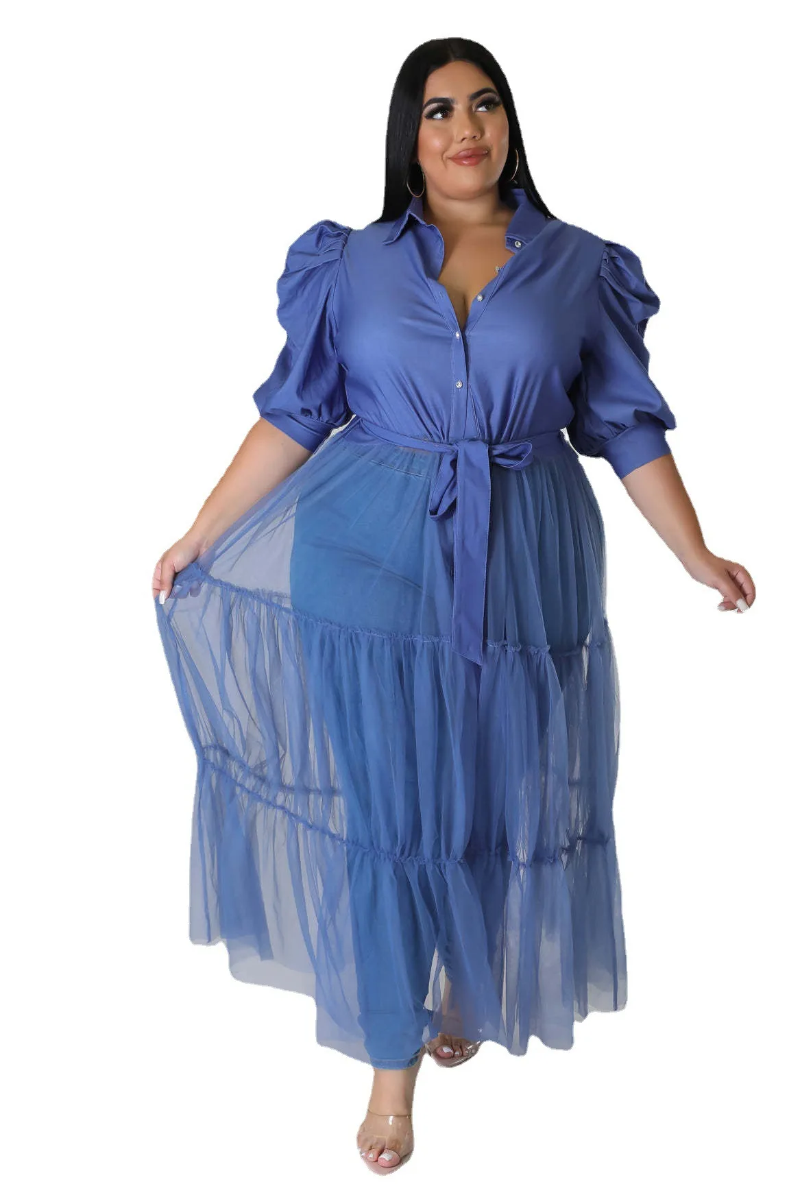 Hot Sale Plus Size Mesh Women Casual Dress Pleats Half Sleeves Patchwork Belt Sexy Party Club Shirt Dresses Oversize 5XL