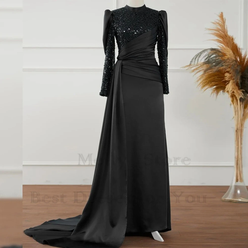 

Black Real Picture Evening Dresses for Women Sequined 2023 Satin Prom Gowns Pleat Court Train Vestido De Noche Summer New