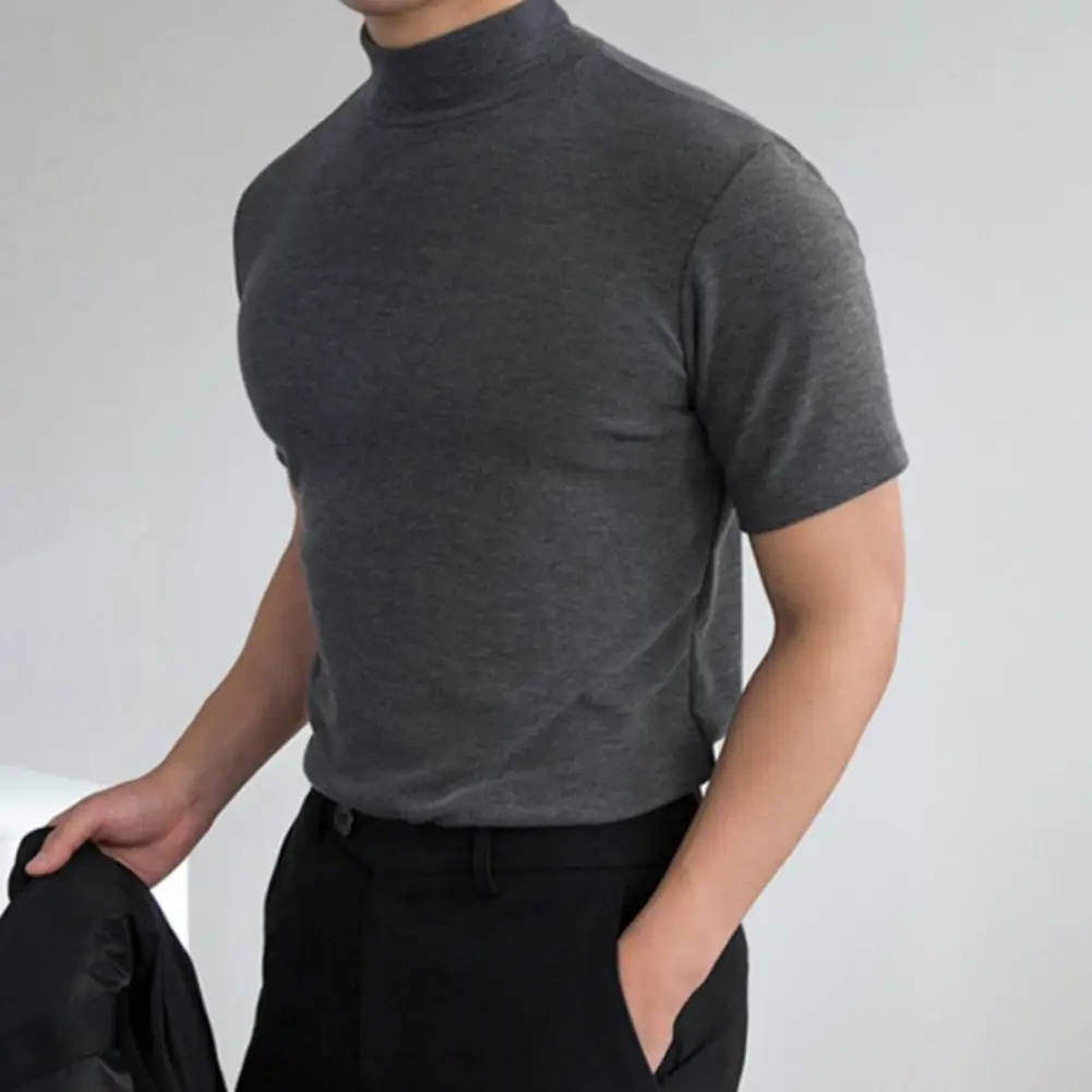 Great Summer Base Top Slim Fit Stretchy Simple Pure Color Half High Collar Basic T-shirt  Men T-shirt Friendly to Skin