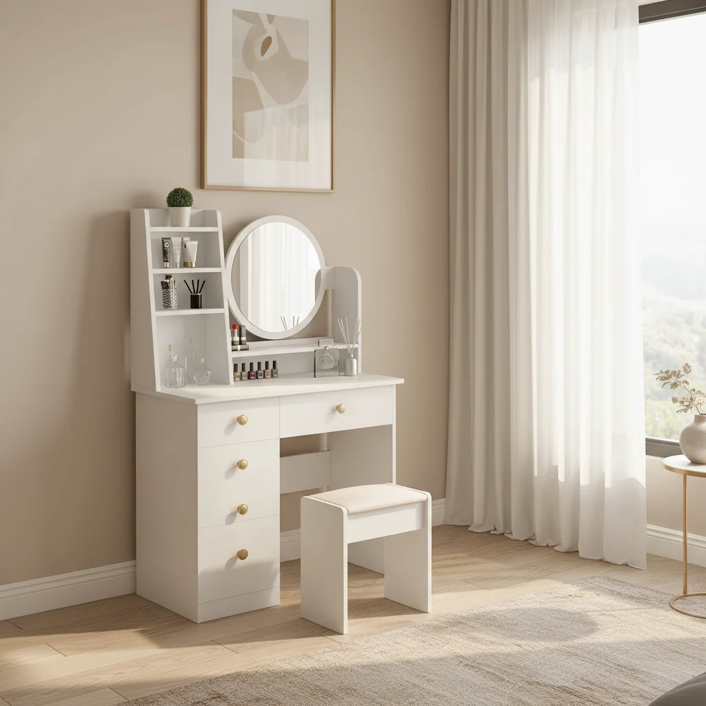 

#2026 Modern European oak dresser with illuminated mirror, mirror stands, drawers and stools