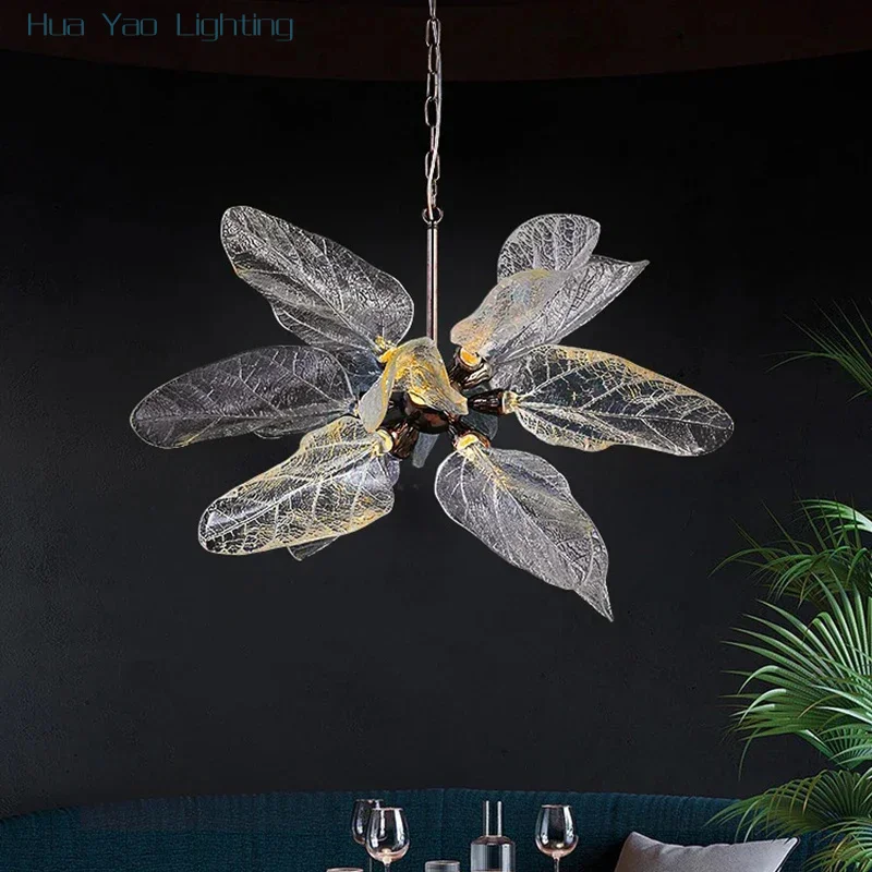 Transparent Resin Leaf Shaped Pendant Chandelier Lighting for For Kitchen Island Gold Hanging Lamp for Dining Room Hanging Light