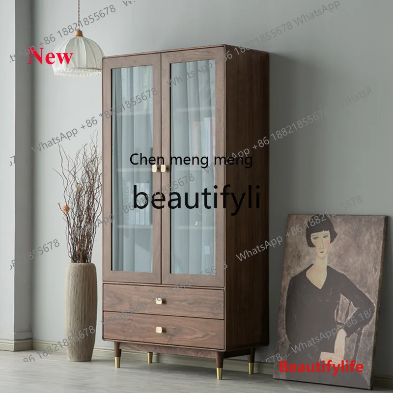 

cn8350 ss Walnut Solid Wood Bookcase Living Room Storage Cabinet Floor Glass Double Door Simple Bookshelf