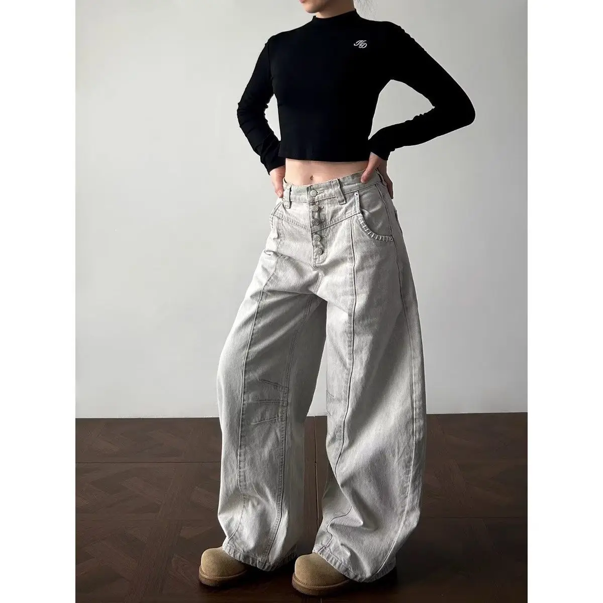 Women's Single-breasted Design Dirty White Pants Spring Unisex Wide Leg Trousers Girl Bottoms Female High Waisted Sweatpants