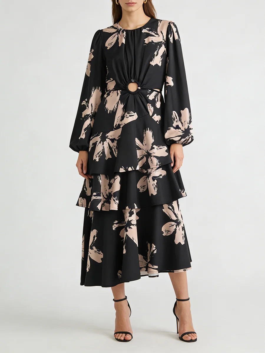 Vestidos Midi Femininos com Estampa Floral Sofisticada VGH, Design com Recorte na Cintura e Barra em Camadas para Reuniões Casuais de Negócios