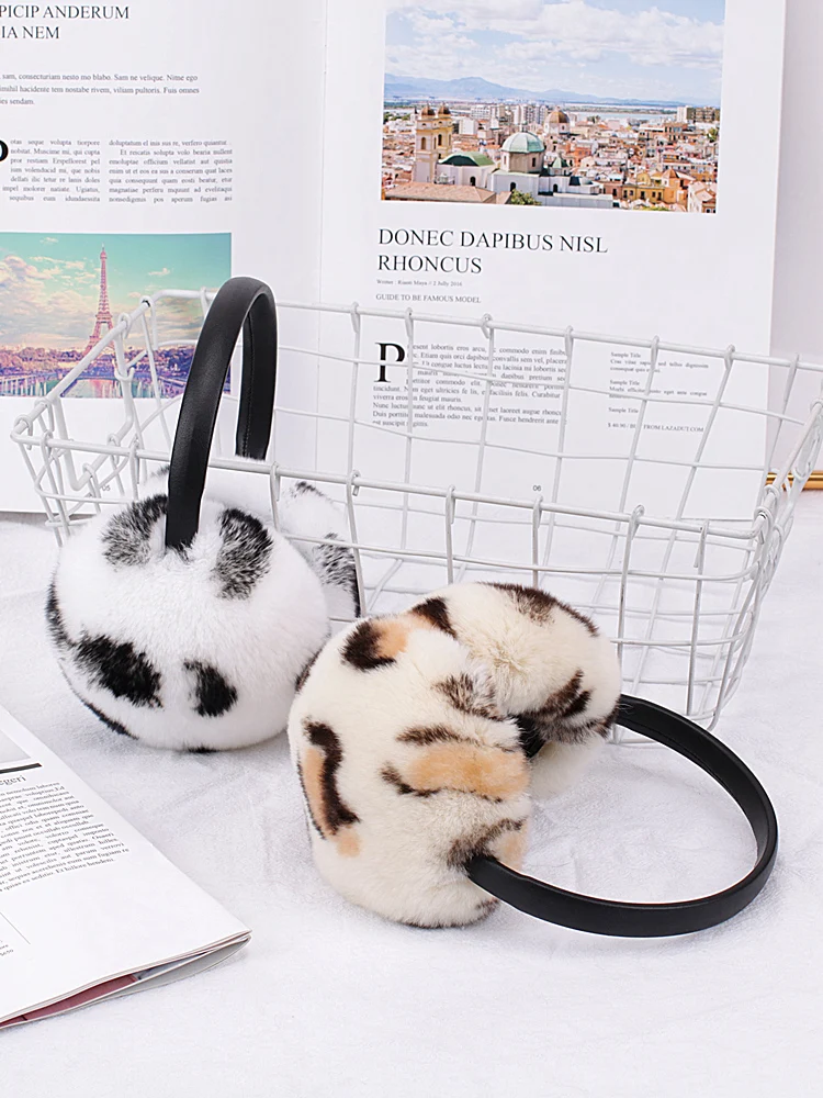 Leopard Print Real Rex Rabbit Fur Earmuffs With Velvet Band Fur Ball and Winter Women\'s Fashion Earmuffs Fuzzy Headband