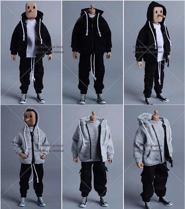 1/12 Scale Male Soldier Clothes Set Casual Trendy Hooded Zippered Jacket Drawstring Sports Pants Fit 6inch Action Figure Doll