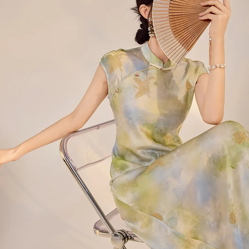 

High Quality Cheongsam Skirt Exquisite Human Retro New Chinese Silk Print Collar Hip Wrap Dress