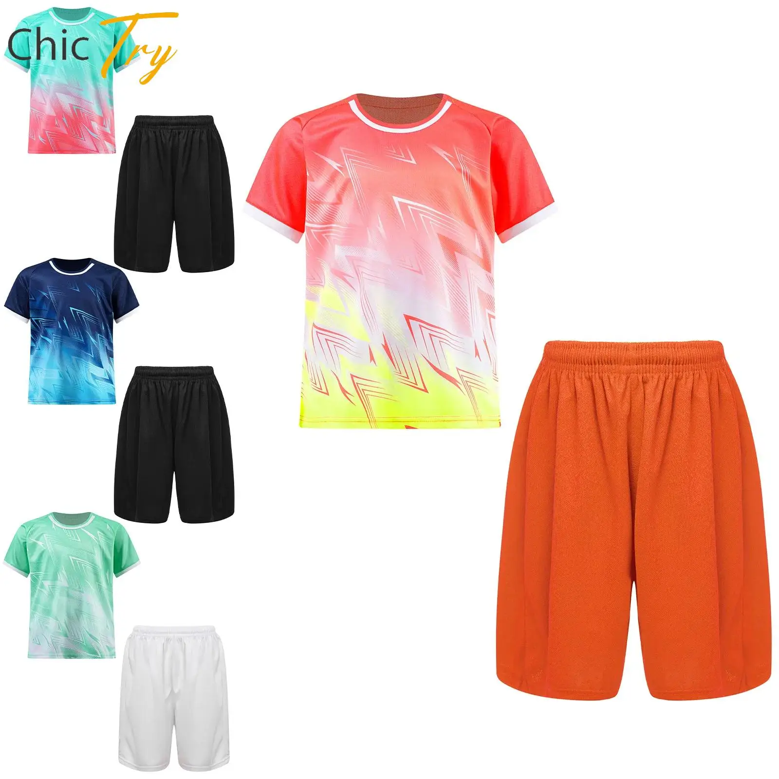 

Children Boys 2-piece Workout Sports Suit Tracksuit Football Basketball Costume Short Raglan Sleeve Gradient T-shirt+Shorts Sets