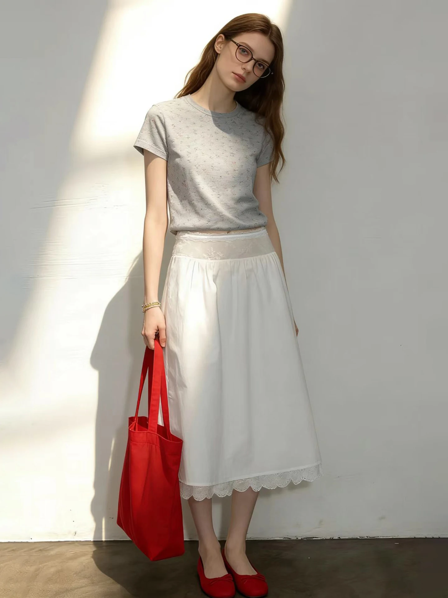 

HUAAPPUW Lace Panel Ba Zipper f Skirt Mid-Length A-Line Spring 2026 New Sle Breathable High Waist Cotton Blend