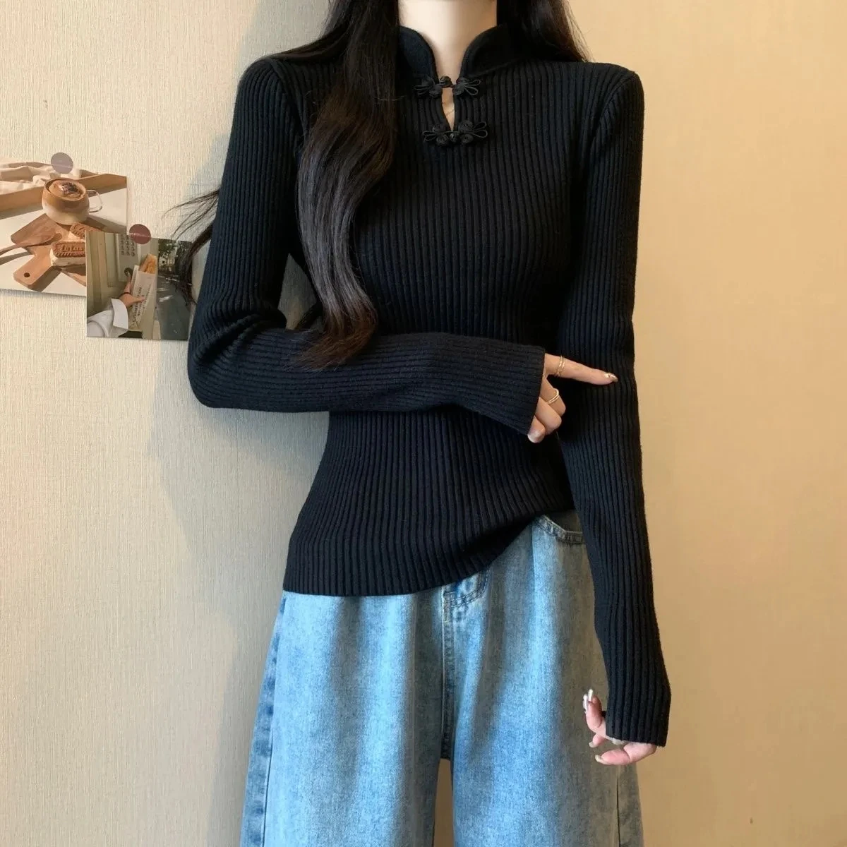 

Chinese Style Buckle Long Sleeved T-shirt for Women Autumn Winter New Slim Fit And Slimming Chinese Style High-end Top for Women