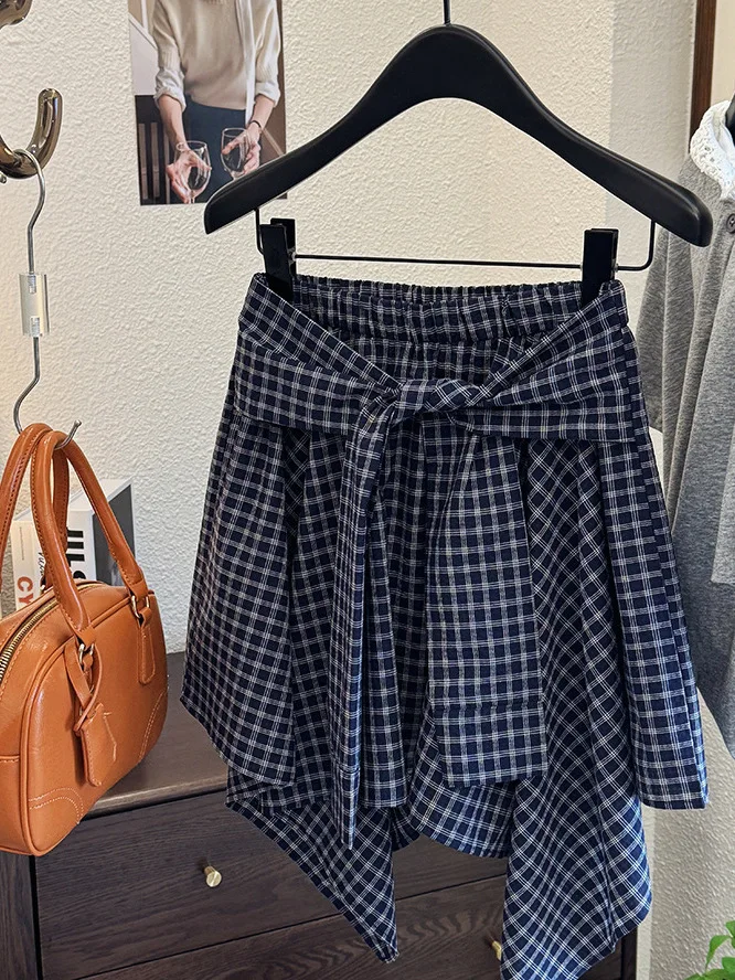

Sweet Versatile Plaid Skirt with Lace-Up Details Street Sle Midi Skirt Polyester Fabric A-Line ort Skirt for Women