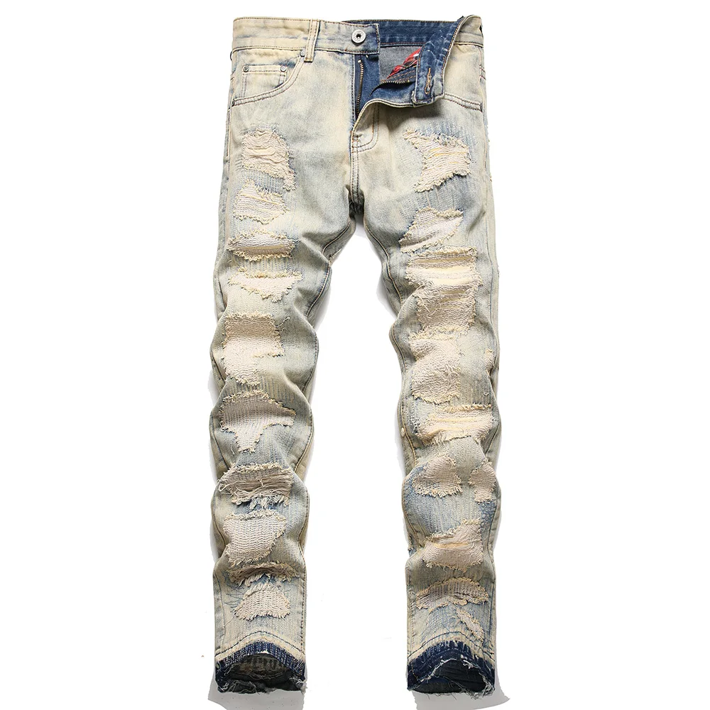 Men Holes Ripped Patchwork Denim Jeans Vintage Blue Distressed Patches Pants Slim Straight Trousers