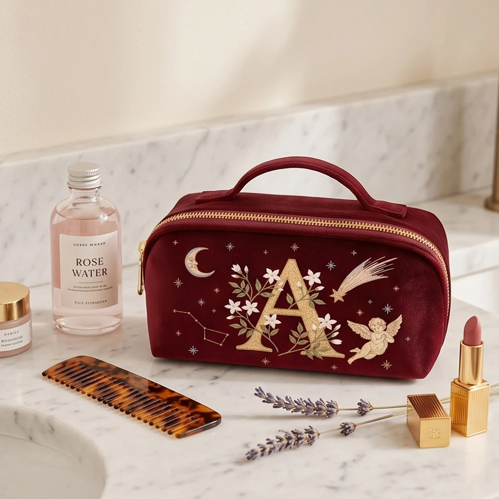 Fashion Velvet Cosmetic Bag for Women Travel Friendly Imitation Embroidery Style Luxury Makeup Pouch Gift