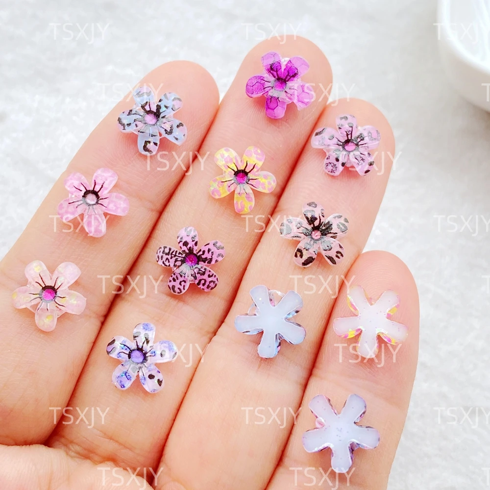 Mini fleurs imprimées léopard colorées en résine mixte, 60 pièces, Nail Art, dos plat, pierre appliquée, breloques à assembler soi-même, artisanat de décoration pour Scrapbook