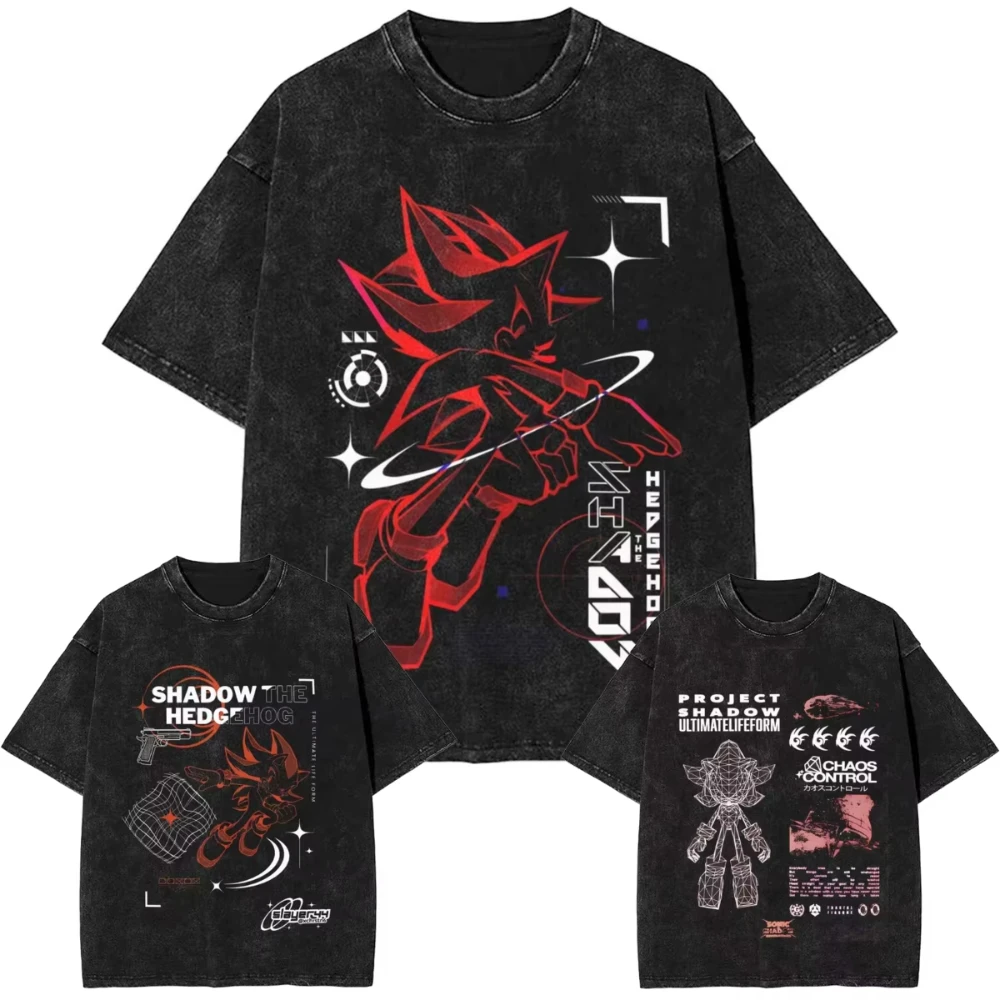 Camiseta lavada de erizo de sombras japonesas para hombres y mujeres, camisetas Retro de algodón Y2K, camisetas de moda con cuello redondo de verano, camisetas estampadas de gran tamaño