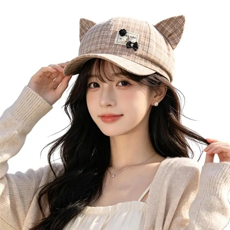 A52E Whimsical Check Pattern Cap with Upright Ears for Casual Styling