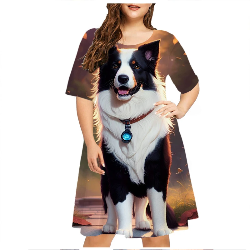 Pet Dog Dress Women Tie Dye 3D Pattern Short Sleeve Dress Summer Fashion Sweet Casual O-Neck Print Mini Dress Plus Size 5XL 6XL