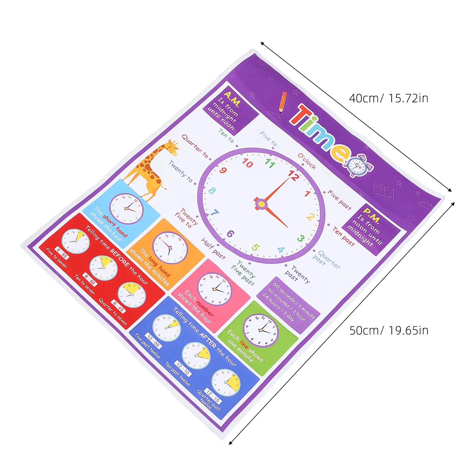 Learn to Tell Time Poster 40x50cm Colorful Analogue Clock Design Stepbystep Time Telling Wall Chart Kindergarten Wall Decor Home
