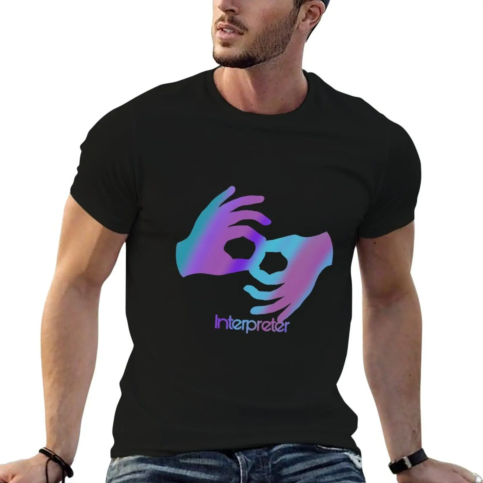 T-shirt multicolore avec inscription ASL pour interprète, style vintage, imprimé