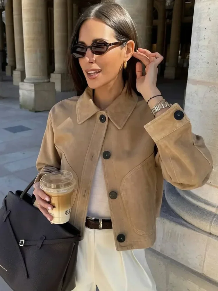 

casual Solid Lapel Short Jacket Women Full Sleeve V-neck Single Breasted Big Pocket Jackets 2026 Lady Spring Autumn Outerwears