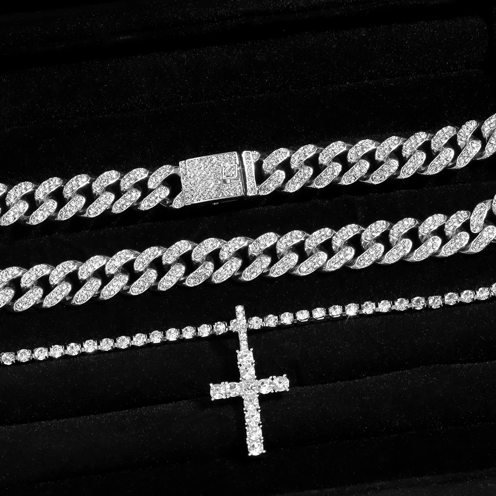 Hip Hop Diamond Cuban Link Chain Cross Necklace Men Women 2Pcs Bling Miami Cuban Chain Necklace Set Iced Out Chain Jewelry