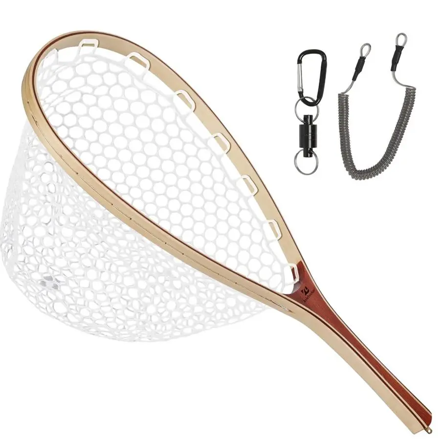

Fly Fishing Landing Net Wooden Frame Trout Fishing Net Soft Rubber Mesh for Catch and Release