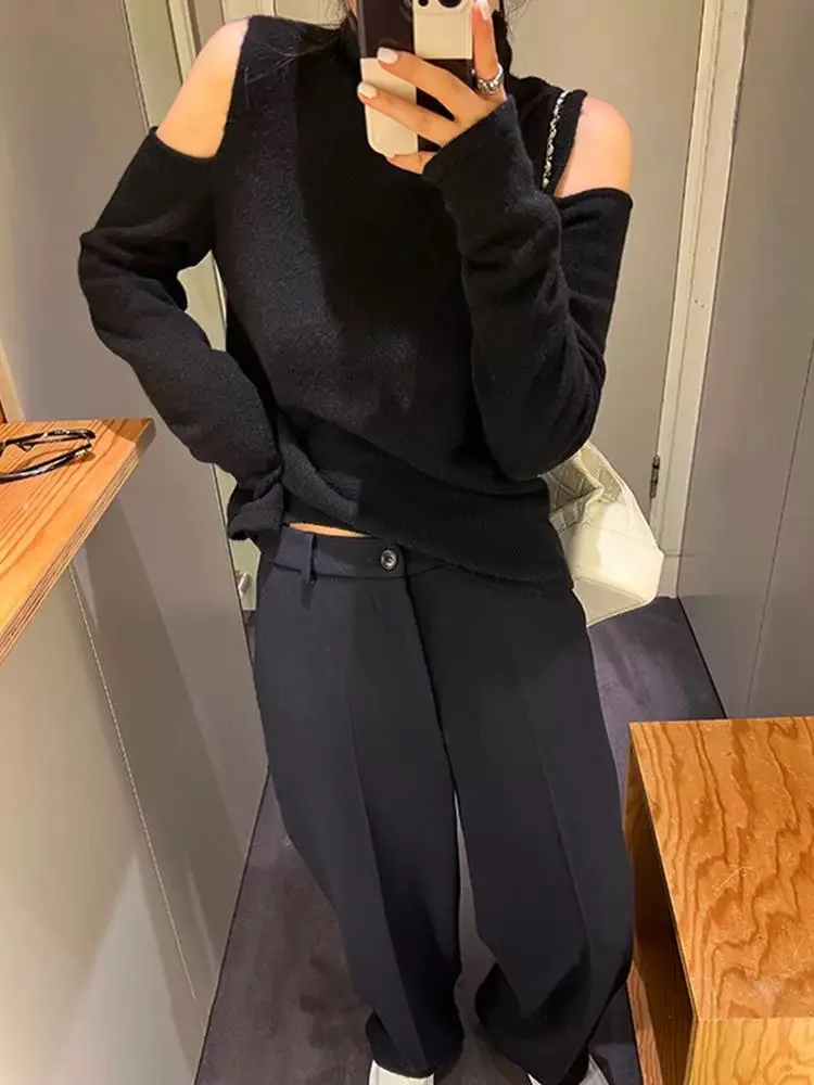 Deep Blue Wide Leg Suit Pants Women's High Waist Drapey Straight Leg Trousers Spring Summer Small Size Fashion Commute