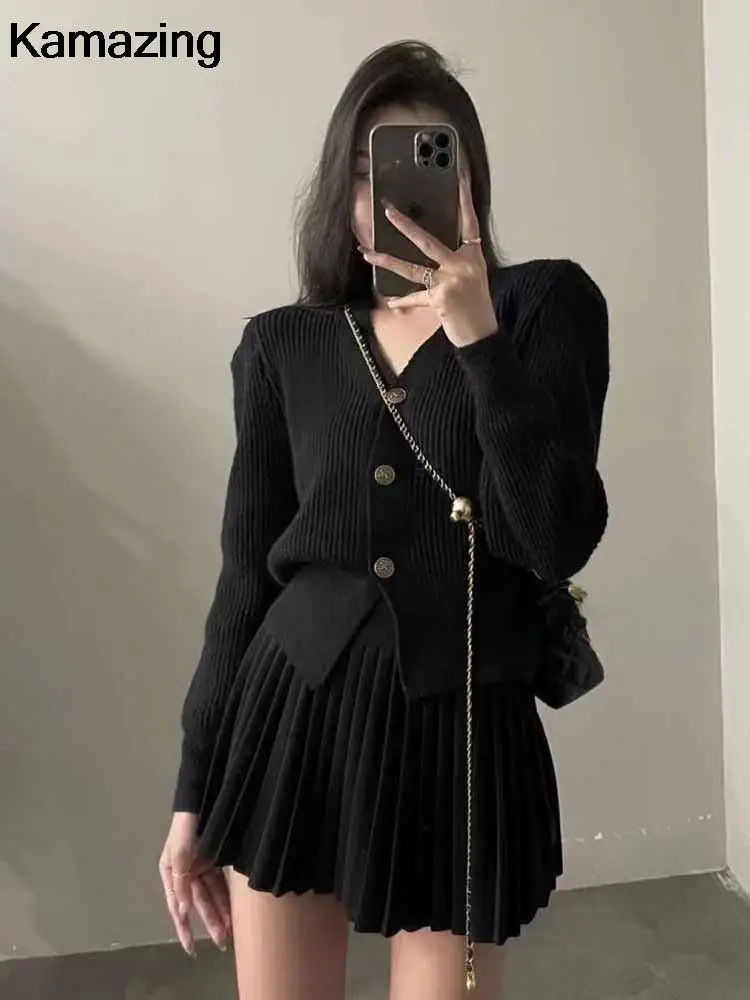 Korean Fashion Autumn Winter Women\'s Knitted Suits Single Breasted Cardigan High Waisted Mini Pleated Skirt Chic 2-piece Outfit